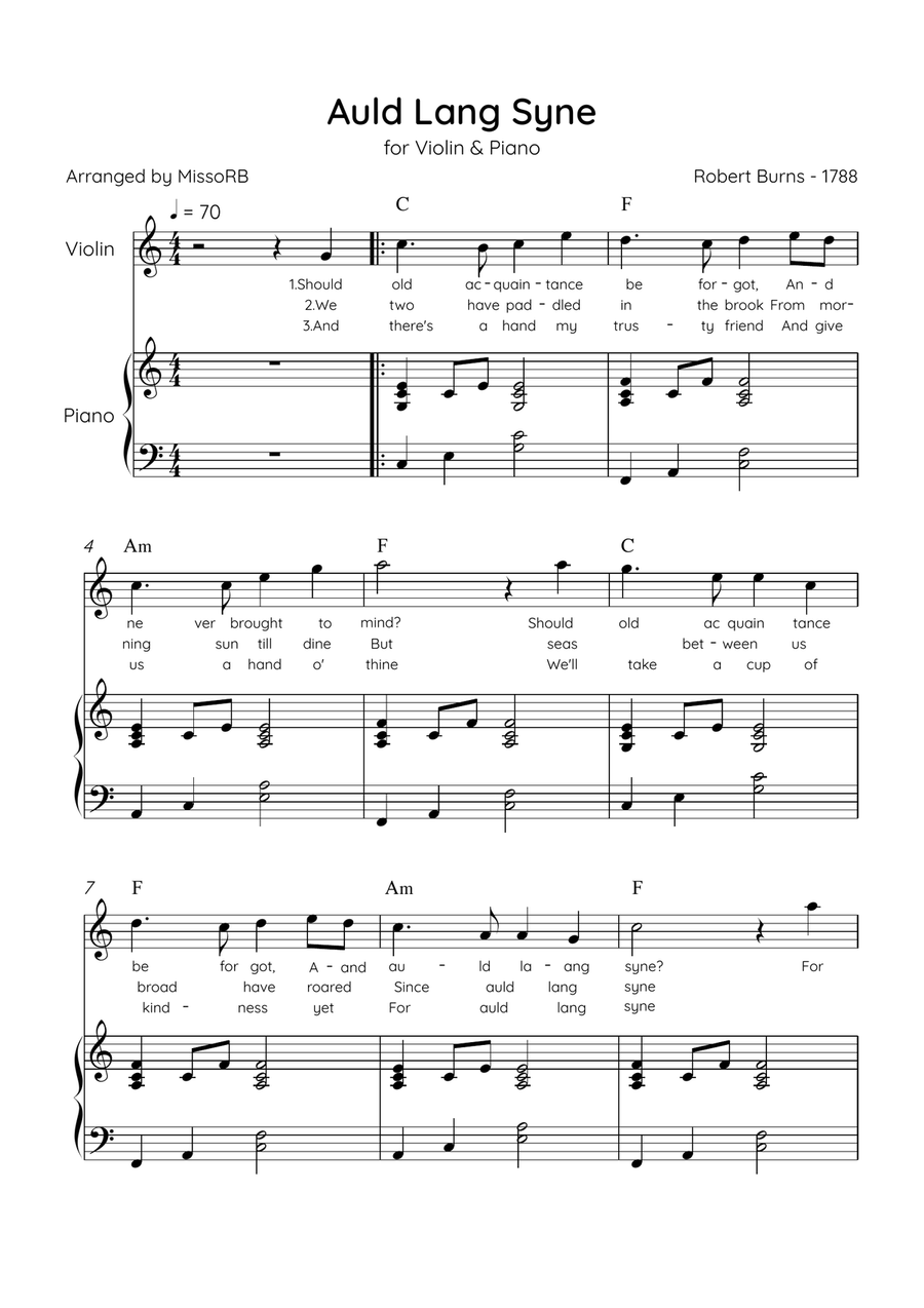Auld Lang Syne - Violin & Piano in C Major Easy With Lyrics & Chords Violin Solo scores gallery preview page 1
