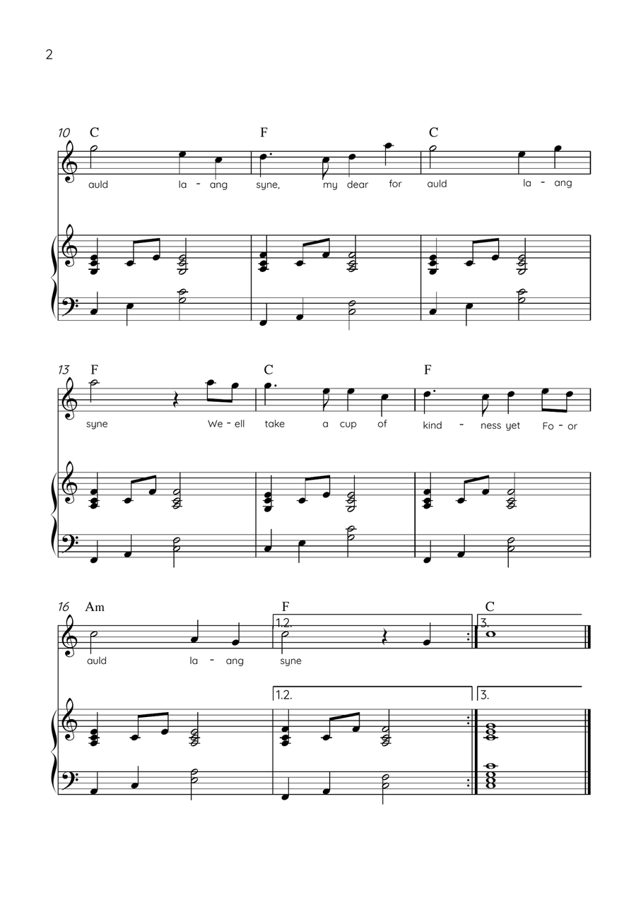 Auld Lang Syne - Violin & Piano in C Major Easy With Lyrics & Chords Violin Solo scores gallery preview page 2