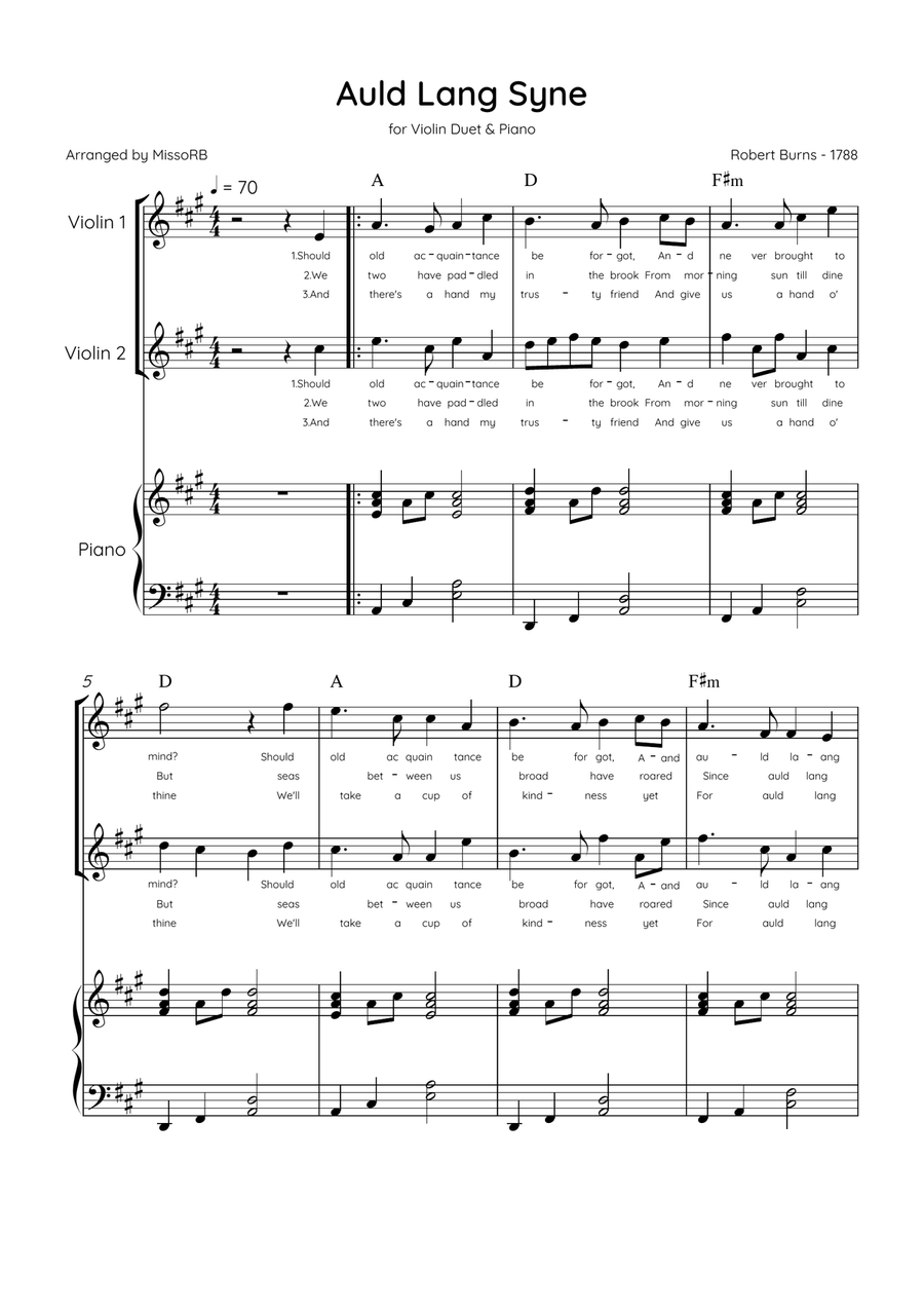 Auld Lang Syne - Violin Duet & Piano in A Major Easy With Lyrics & Chords String Duet scores gallery preview page 1
