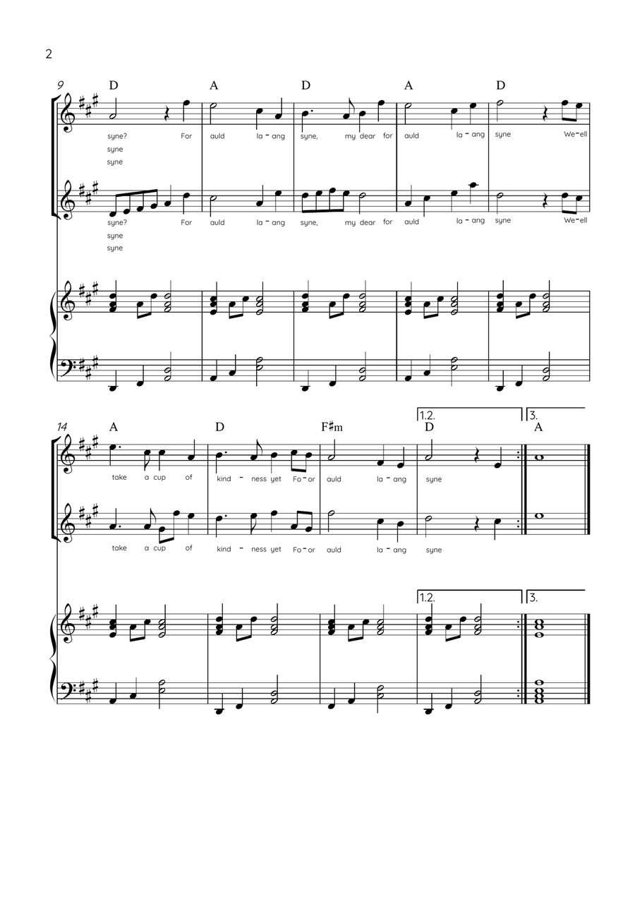 Auld Lang Syne - Violin Duet & Piano in A Major Easy With Lyrics & Chords String Duet scores gallery preview page 2