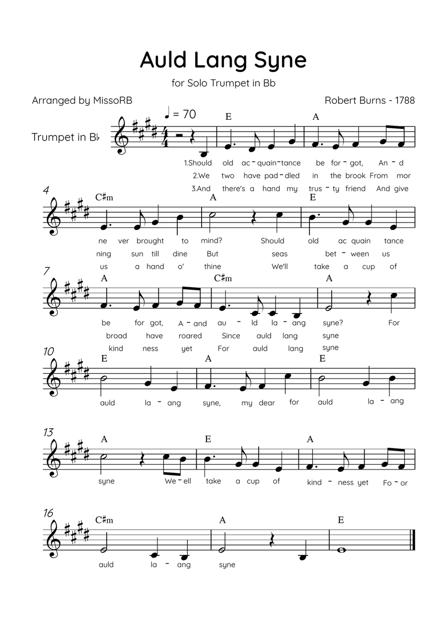 Auld Lang Syne - Solo Trumpet Bb in D Major Easy With Lyrics & Chords B-Flat Trumpet scores gallery preview page 1