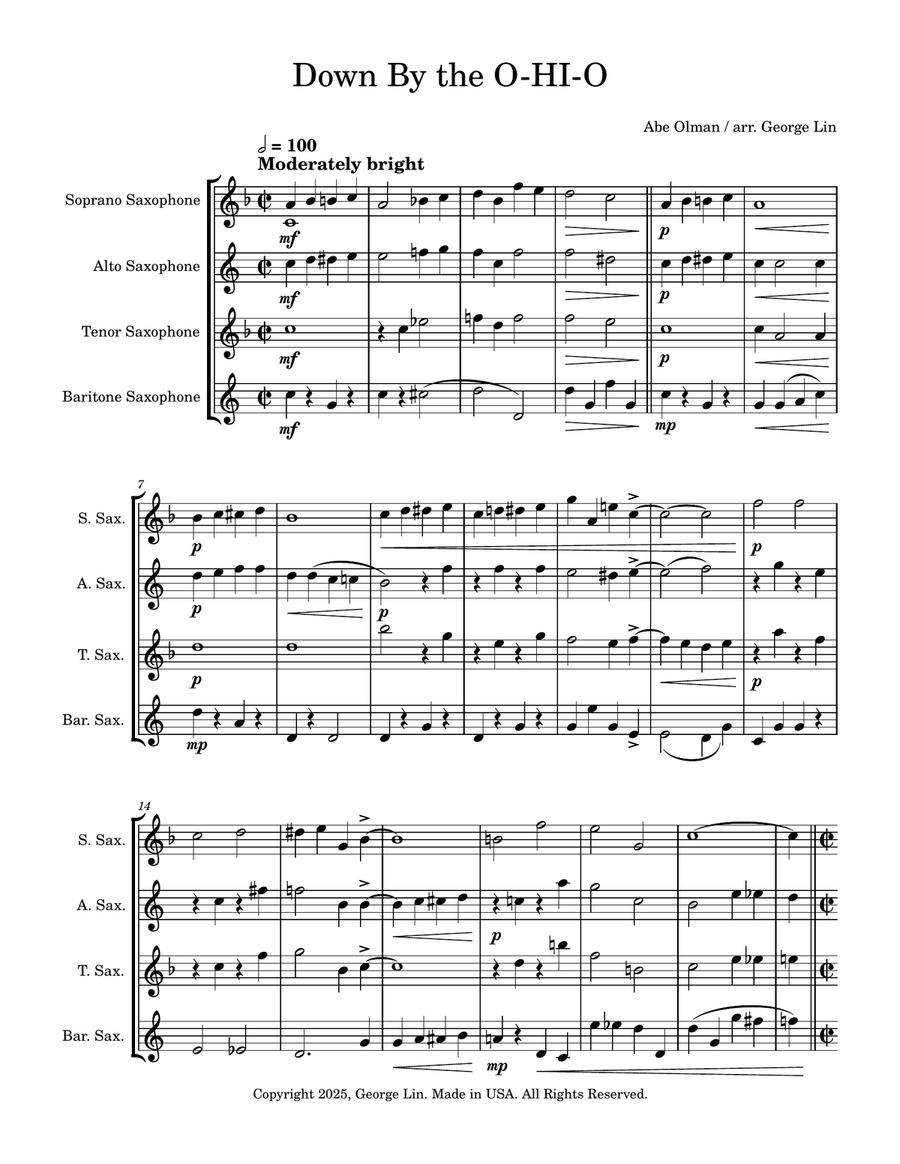 Down By the O-HI-O Down By the O-HI-O Saxophone Quartet scores gallery preview page 1
