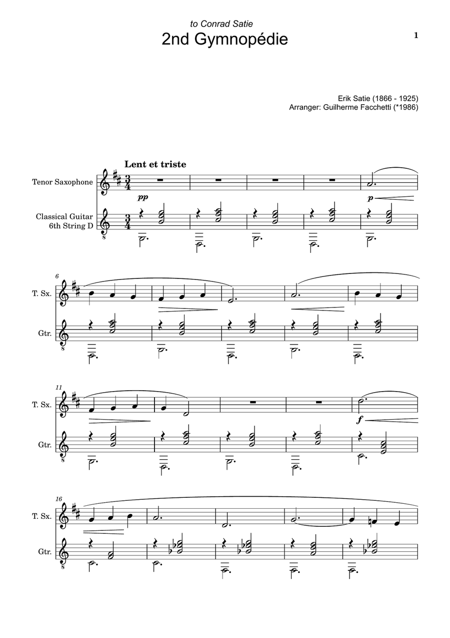 Erik Satie - 2nd Gymnopédie. Arranged for T. Sax. and Guitar. Chamber Music scores gallery preview page 1