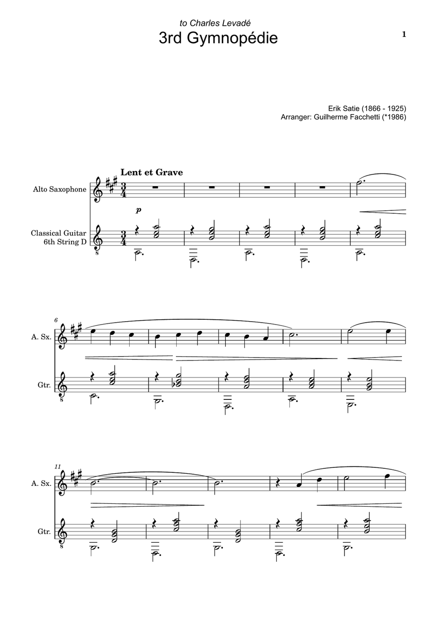 Erik Satie - 3rd Gymnopédie. Arranged for A. Sax. and Guitar. Chamber Music scores gallery preview page 1