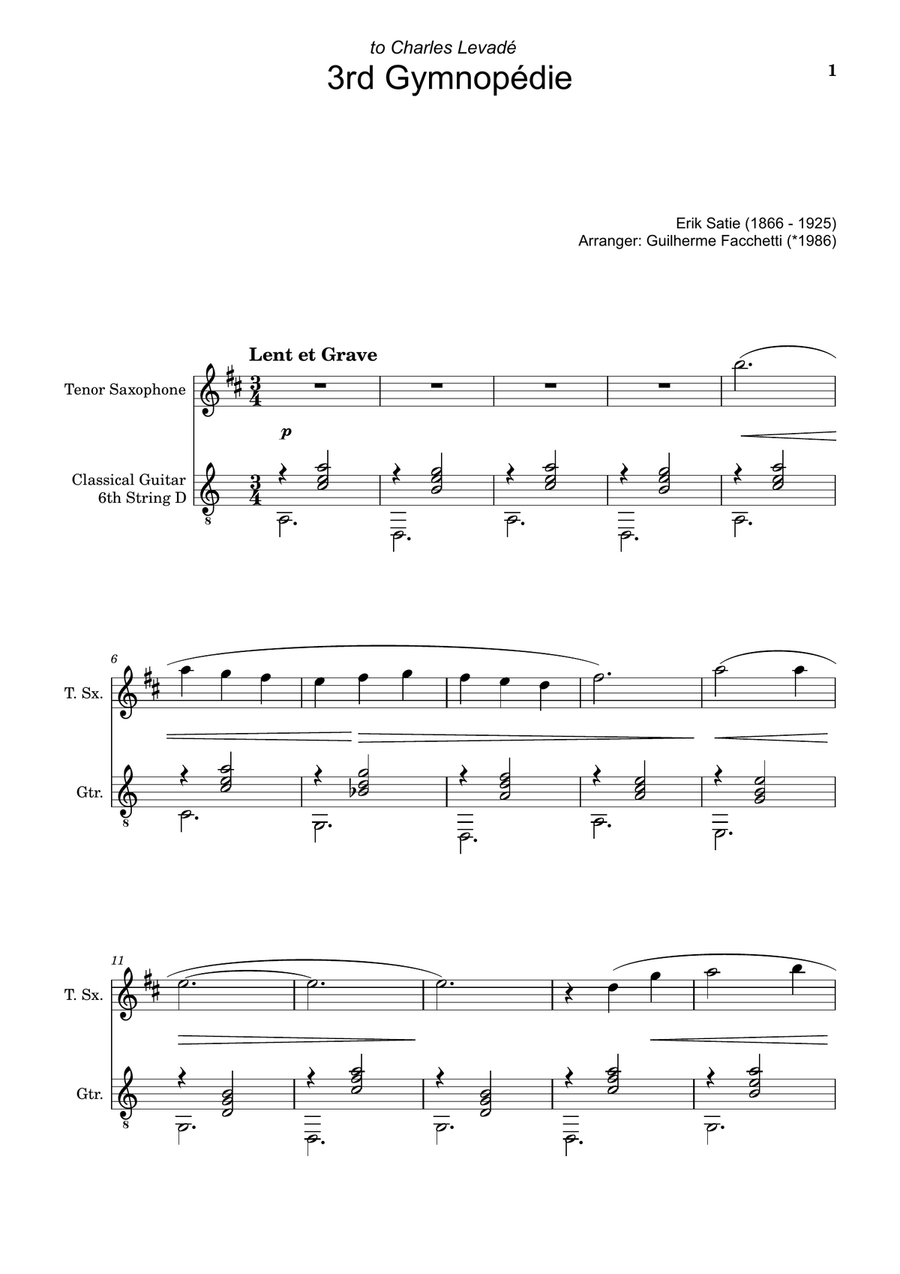 Erik Satie - 3rd Gymnopédie. Arranged for T. Sax. and Guitar. Chamber Music scores gallery preview page 1