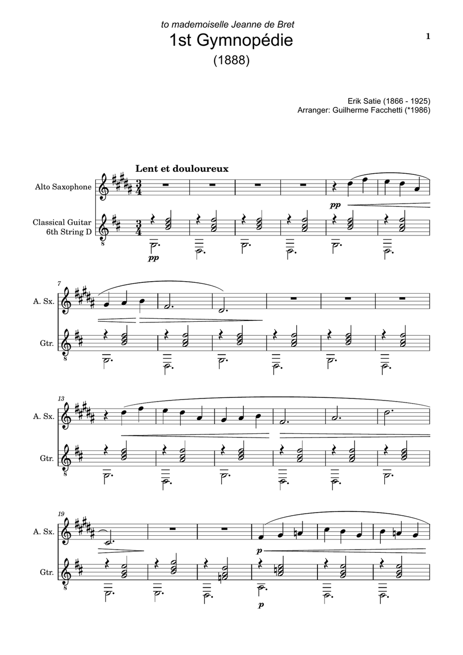 Erik Satie - Three Gymnopédies. A. Sax. and Guitar. Chamber Music scores gallery preview page 1