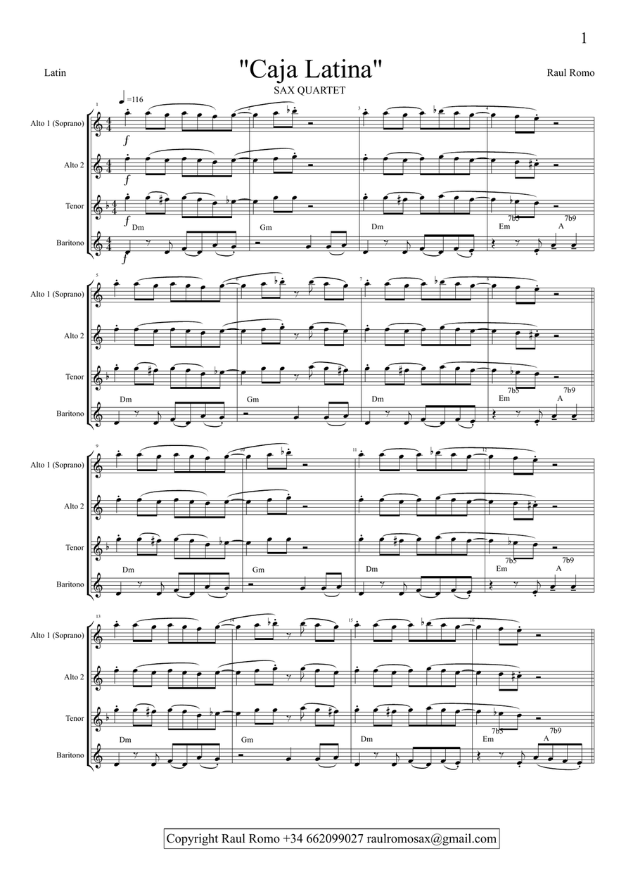 Caja Latina - SAXOPHONE QUARTET - Student Ensemble Saxophone Quartet scores gallery preview page 1