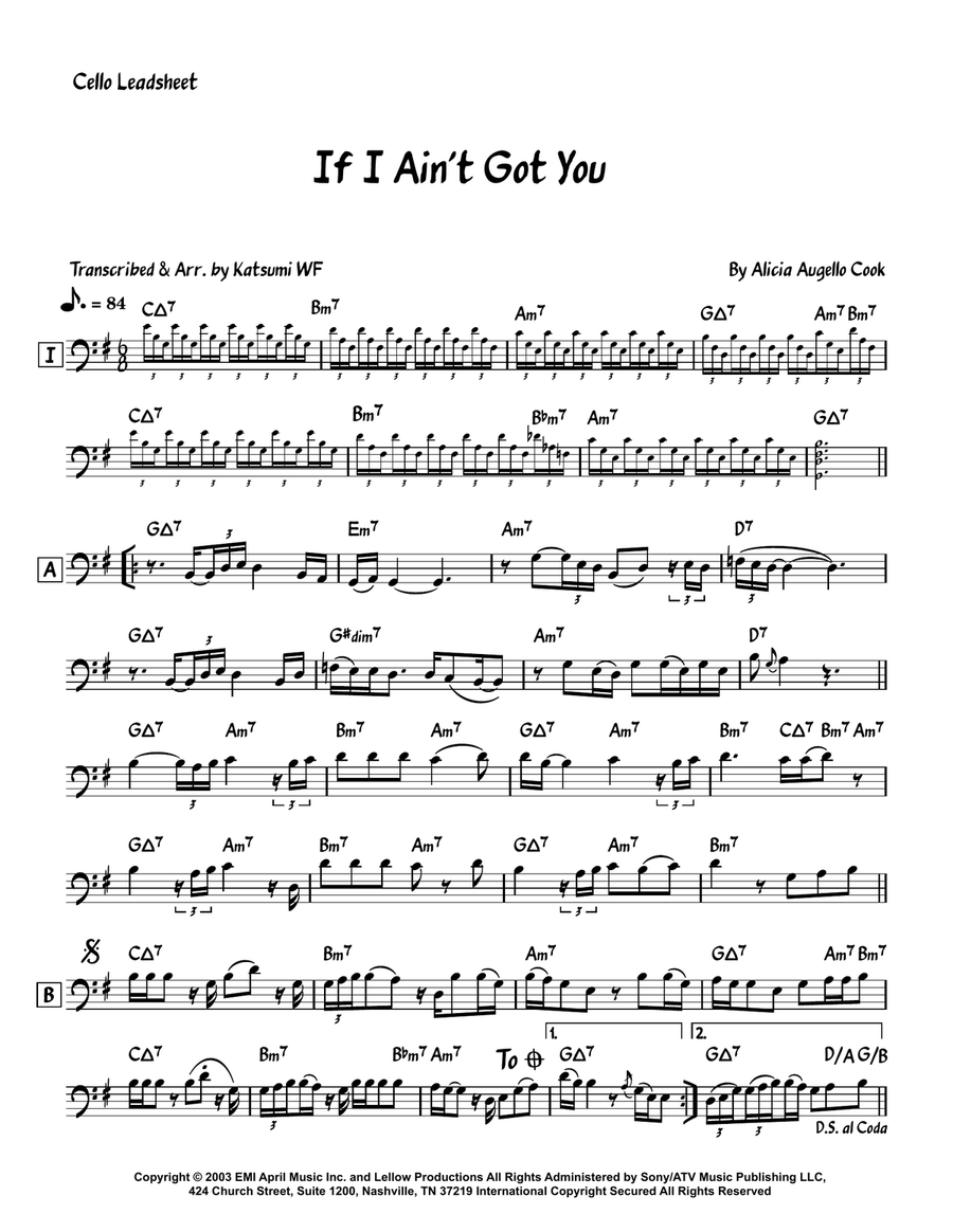 If I Ain't Got You If I Ain't Got You Cello Solo scores gallery preview page 1