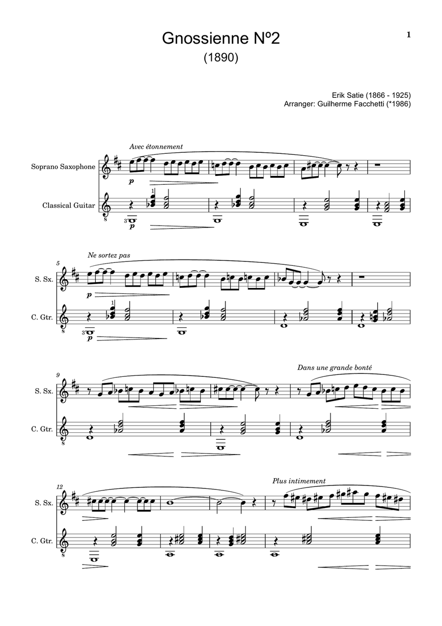 Erik Satie - Gnossienne Nº2. Arranged for S. Sax and Guitar. Chamber Music scores gallery preview page 1