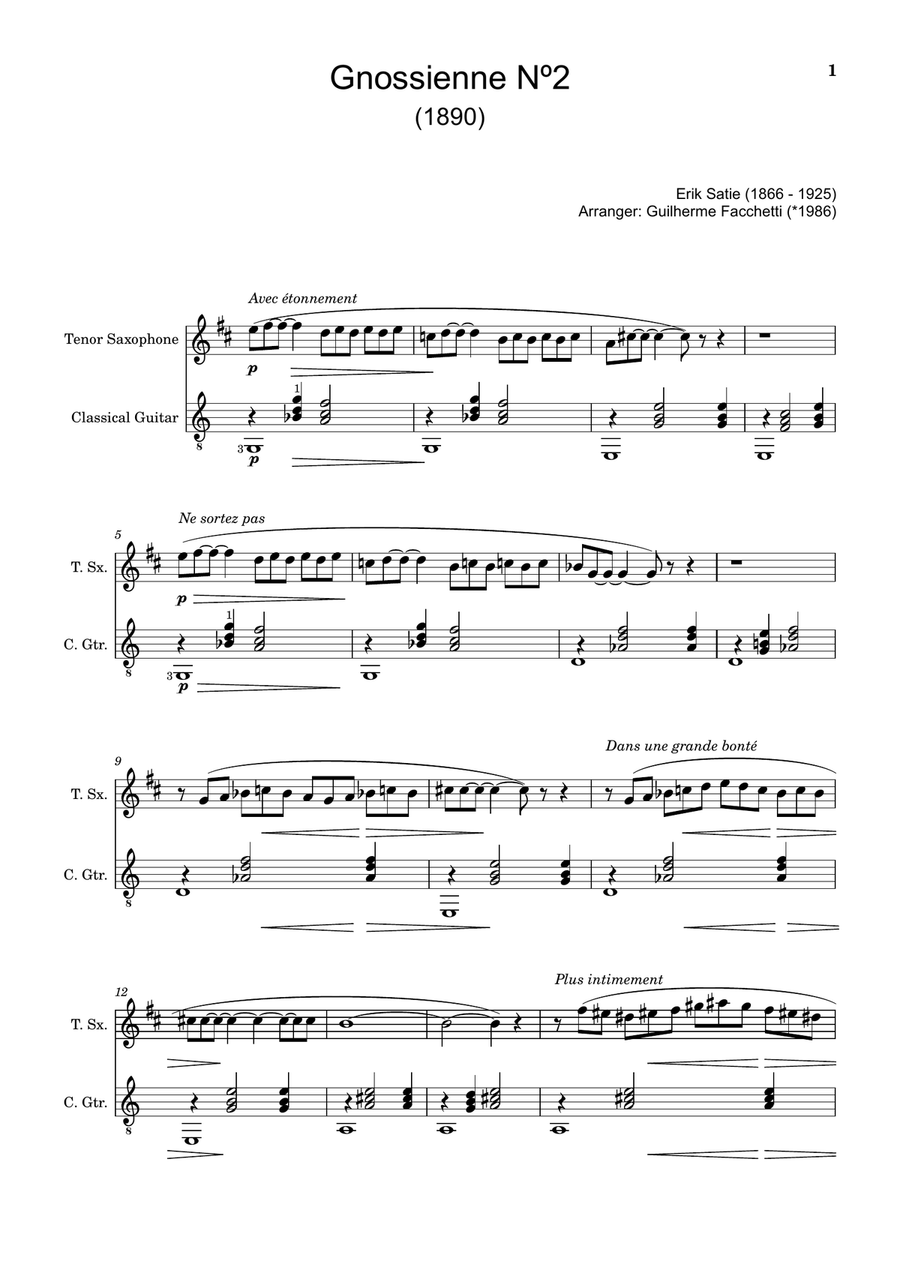 Erik Satie - Gnossienne Nº2. Arranged for T. Sax and Guitar. Chamber Music scores gallery preview page 1