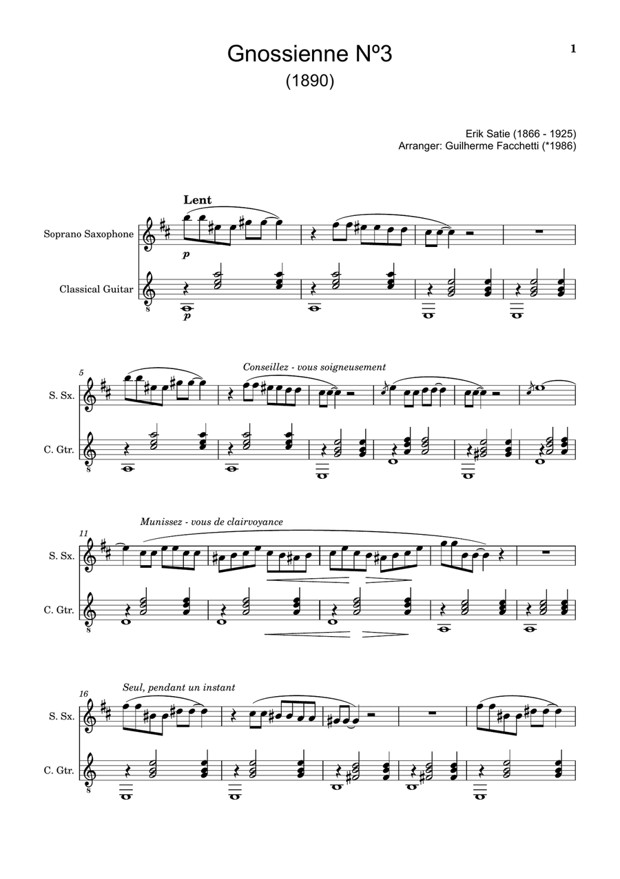 Erik Satie - Gnossienne Nº3. Arranged for S. Sax and Guitar. Chamber Music scores gallery preview page 1