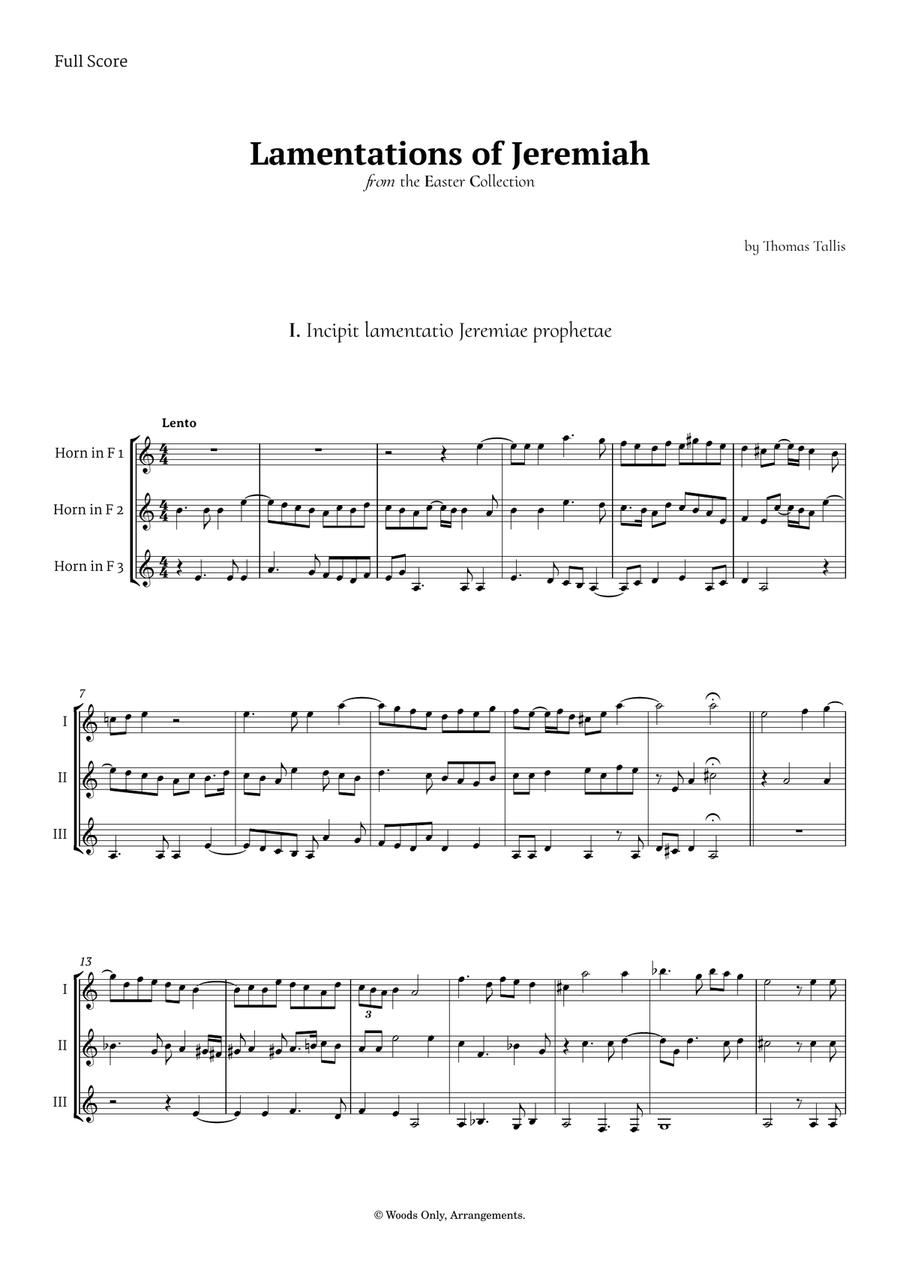 Lamentations of Jeremiah by Thomas Tallis for French Horn Trio Brass Trio scores gallery preview page 1