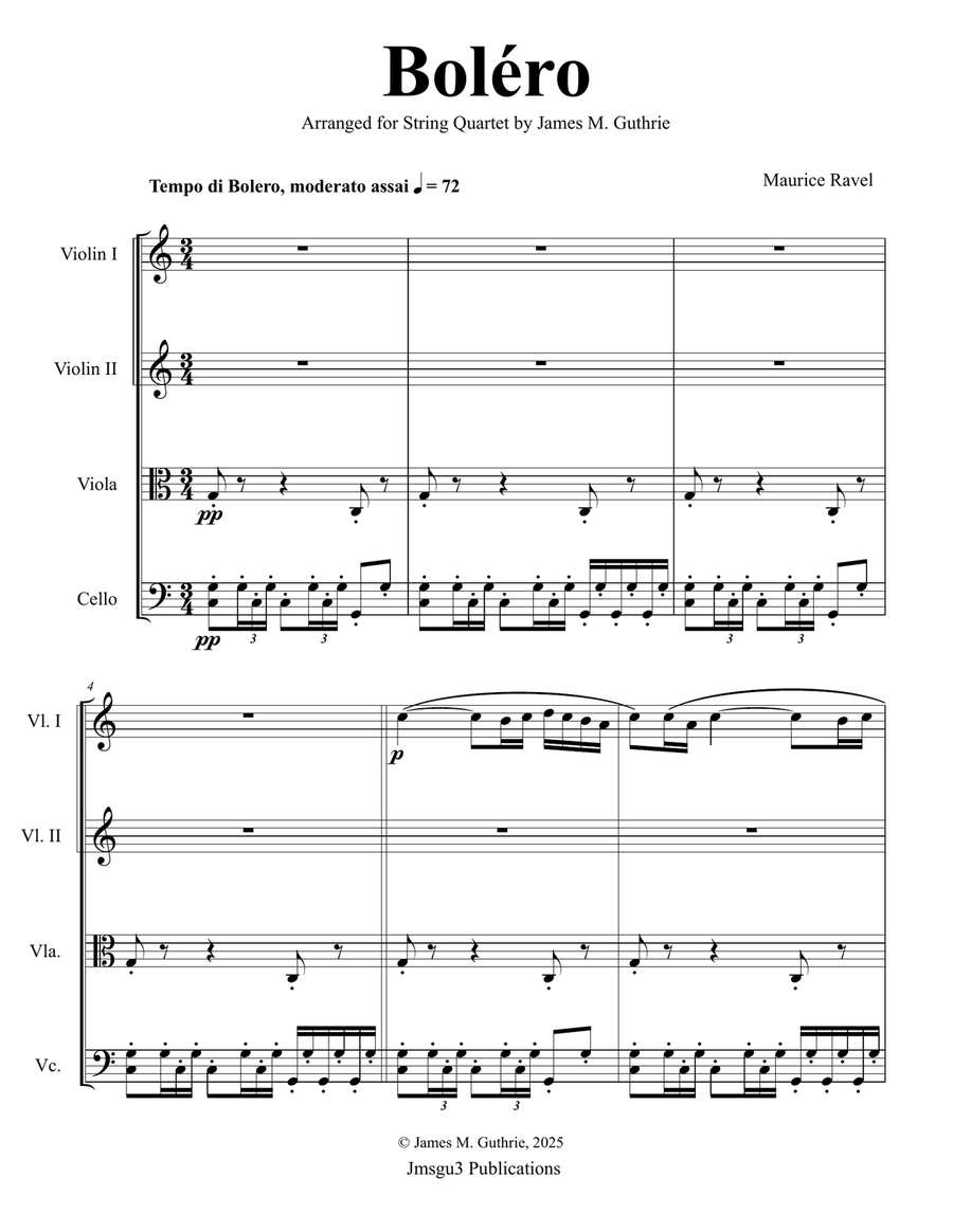 Ravel: Boléro for String Quartet - Score Only String Quartet scores gallery preview page 1