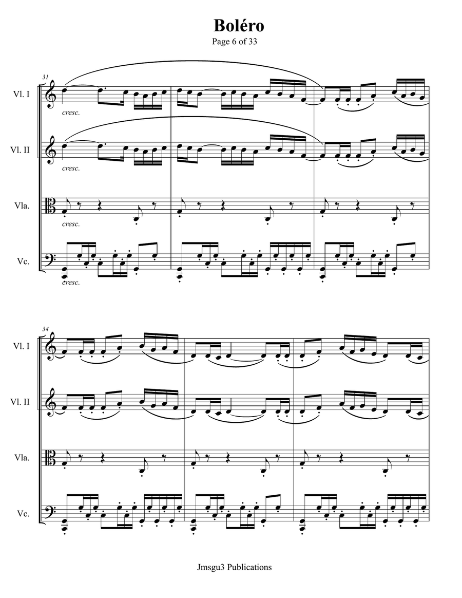 Ravel: Boléro for String Quartet - Score Only String Quartet scores gallery preview page 6