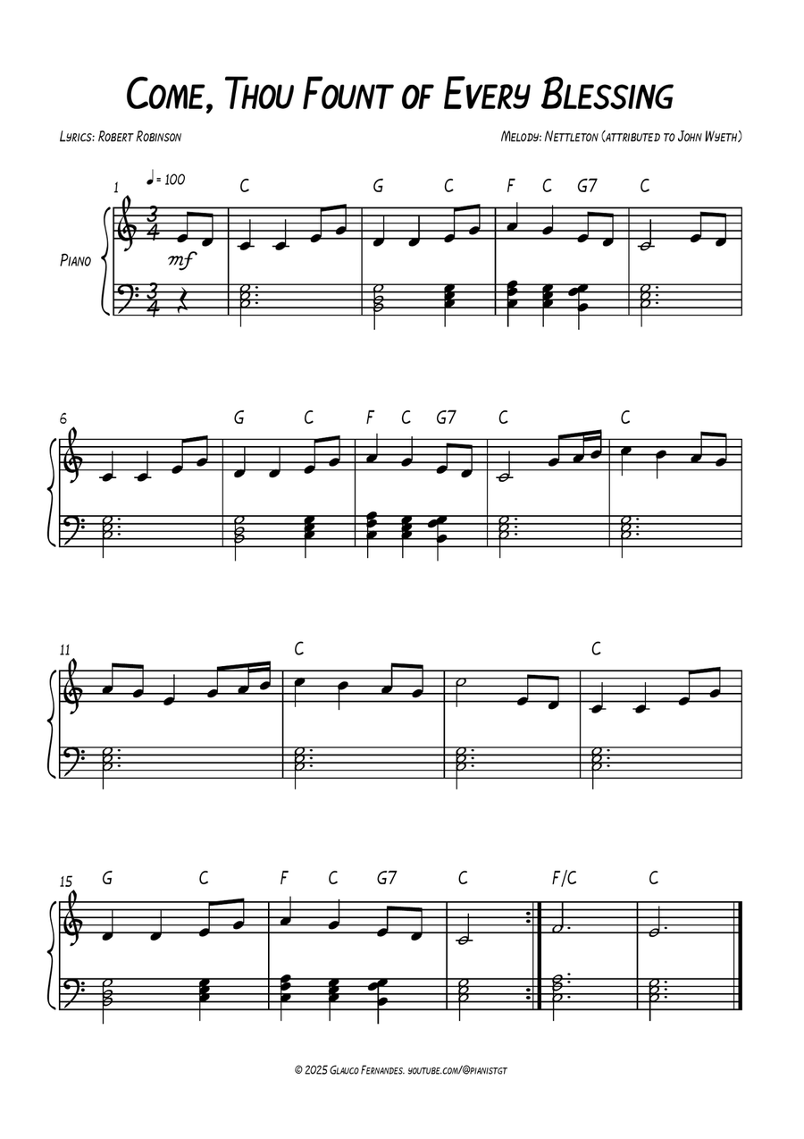 Come, Thou Fount of Every Blessing - Easy Piano Piano Method scores gallery preview page 1