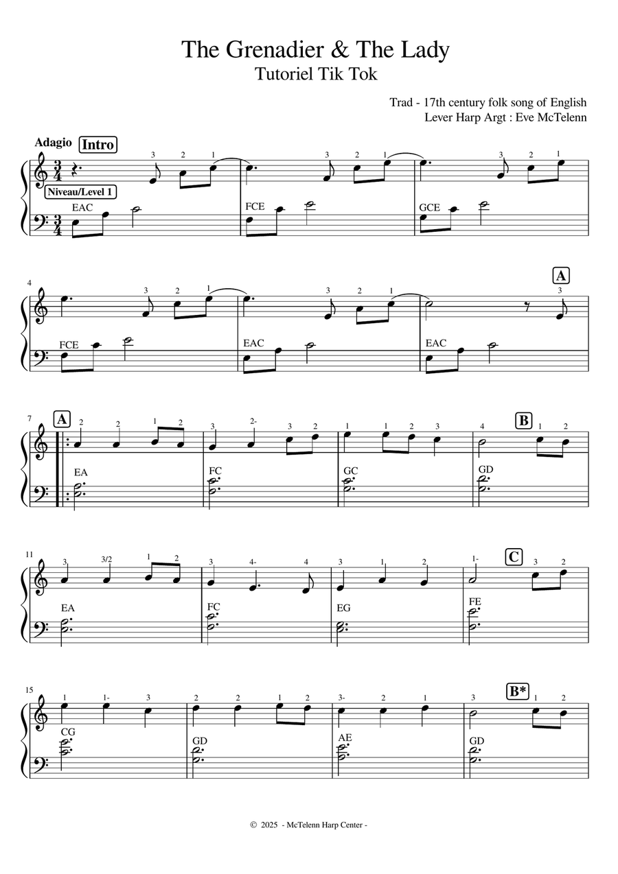 The Grenadier & The Lady - 4 Versions - Beginner & 27 String Harp | McTelenn Harp Center Celtic Harp scores gallery preview page 3