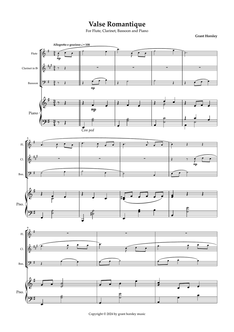 Valse Romantique for Wind Trio and Piano. (Flute, Clarinet, Bassoon Piano) Small Ensemble scores gallery preview page 2
