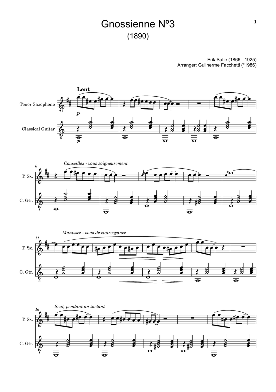 Erik Satie - Gnossienne Nº3. Arranged for T. Sax and Guitar. Chamber Music scores gallery preview page 1