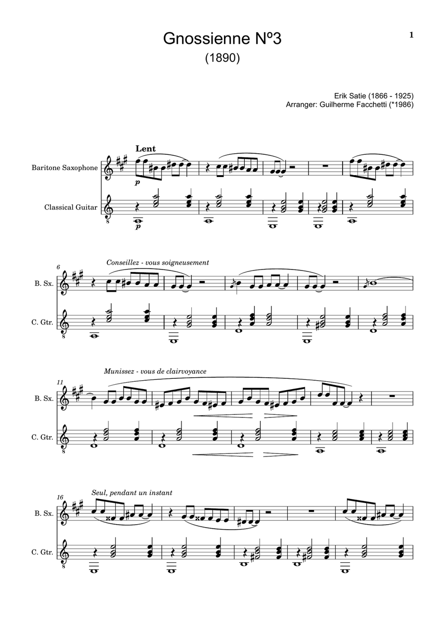 Erik Satie - Gnossienne Nº3. Arranged for B. Sax and Guitar. Chamber Music scores gallery preview page 1