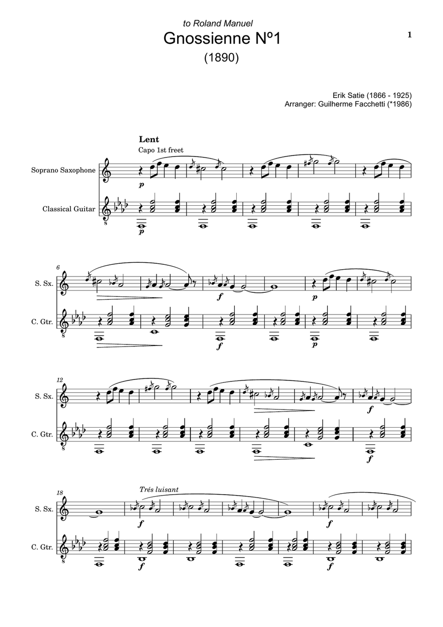Erik Satie - Gnossiennes Nº1, 2, 3. Arranged for S. Sax. and Guitar. Chamber Music scores gallery preview page 1