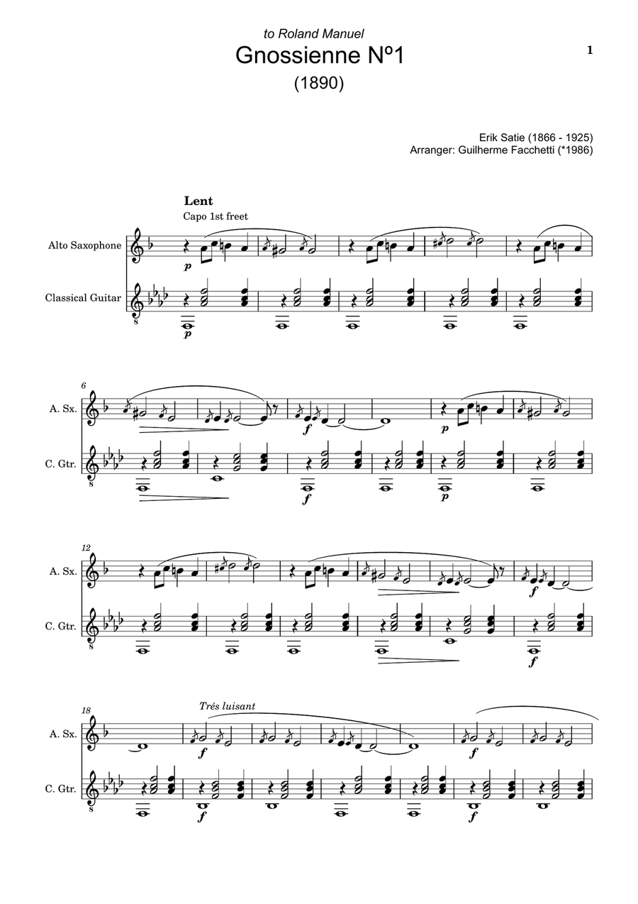Erik Satie - Gnossiennes Nº1, 2, 3. Arranged for A. Sax. and Guitar. Chamber Music scores gallery preview page 1