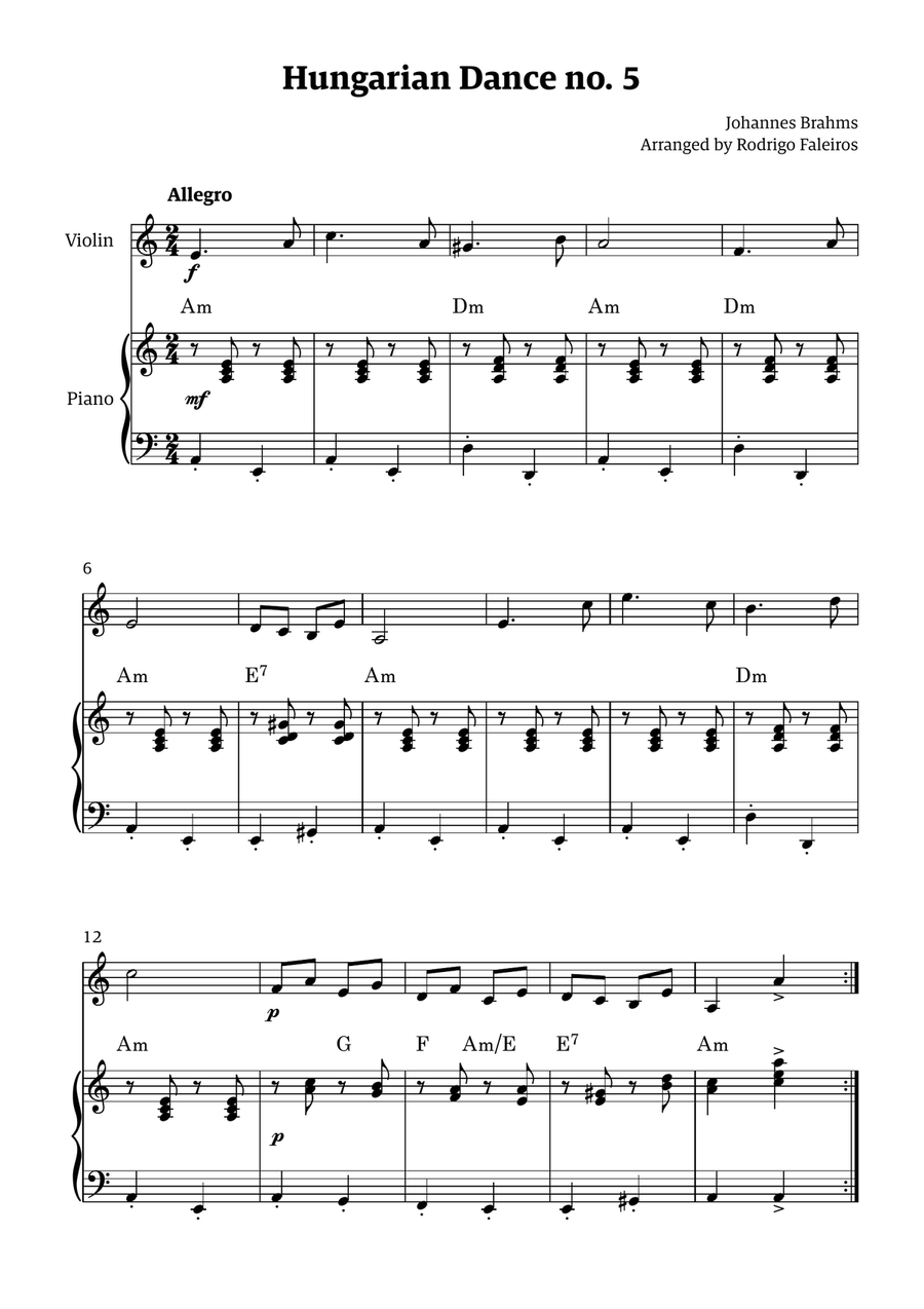 Hungarian Dance 5 (for violin and piano accompaniment, with chords) Chamber Music scores gallery preview page 1