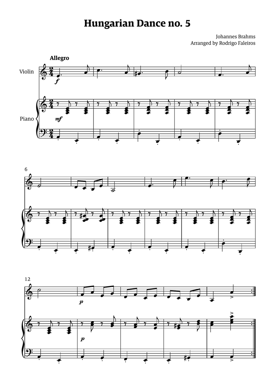 Hungarian Dance 5 (for violin and piano accompaniment) Chamber Music scores gallery preview page 1