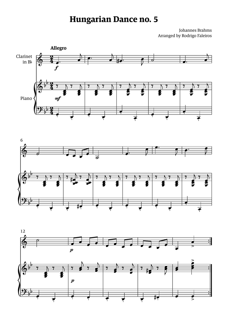 Hungarian Dance 5 (for clarinet and piano accompaniment) Chamber Music scores gallery preview page 1