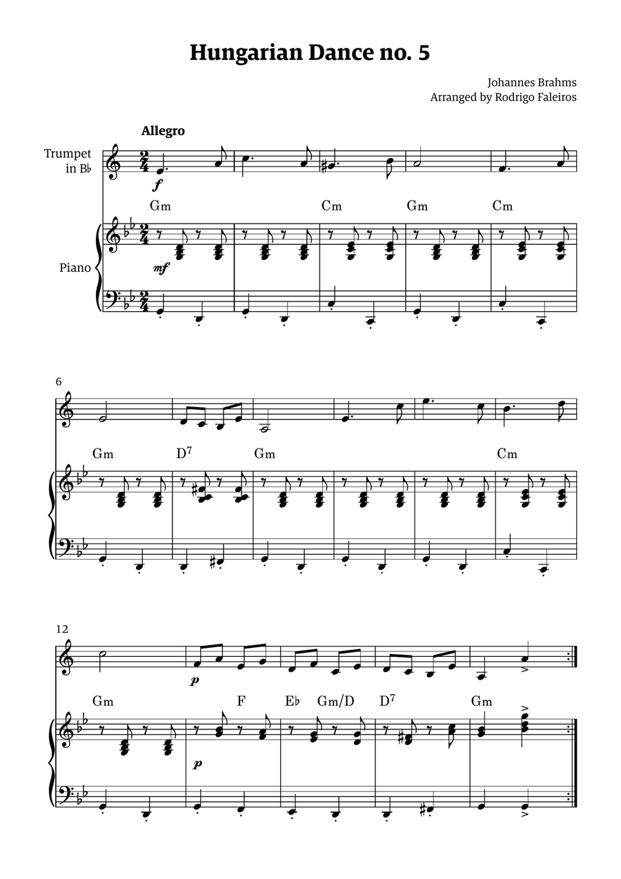 Hungarian Dance 5 (for trumpet and piano accompaniment, with chords) Chamber Music scores gallery preview page 1