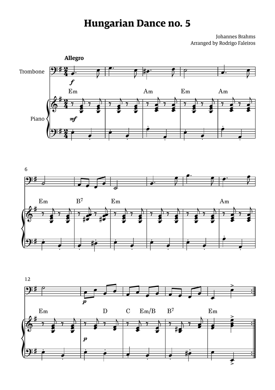 Hungarian Dance 5 (for trombone and piano accompaniment, with chords) Chamber Music scores gallery preview page 1
