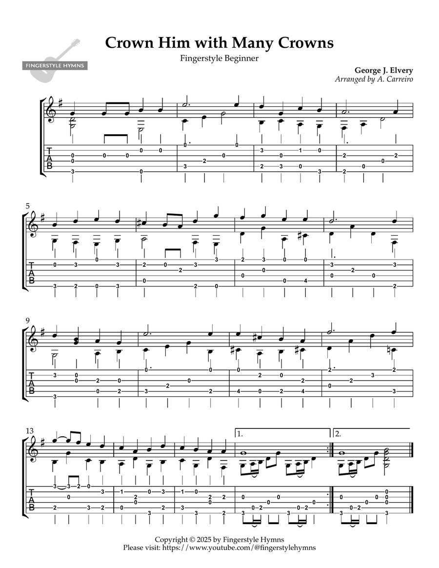 Crown Him With Many Crowns - Fingerstyle Guitar (Beginner) Acoustic Guitar scores gallery preview page 1