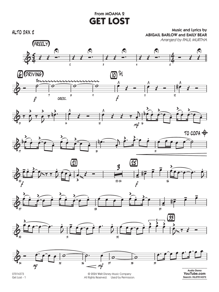 Get Lost (from Moana 2) (arr. Paul Murtha) - Alto Sax 2 Jazz Ensemble scores gallery preview page 1