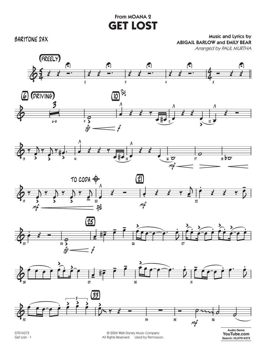 Get Lost (from Moana 2) (arr. Paul Murtha) - Baritone Sax Jazz Ensemble scores gallery preview page 1