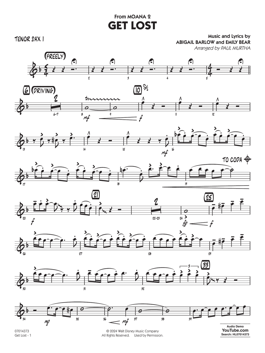 Get Lost (from Moana 2) (arr. Paul Murtha) - Tenor Sax 1 Jazz Ensemble scores gallery preview page 1