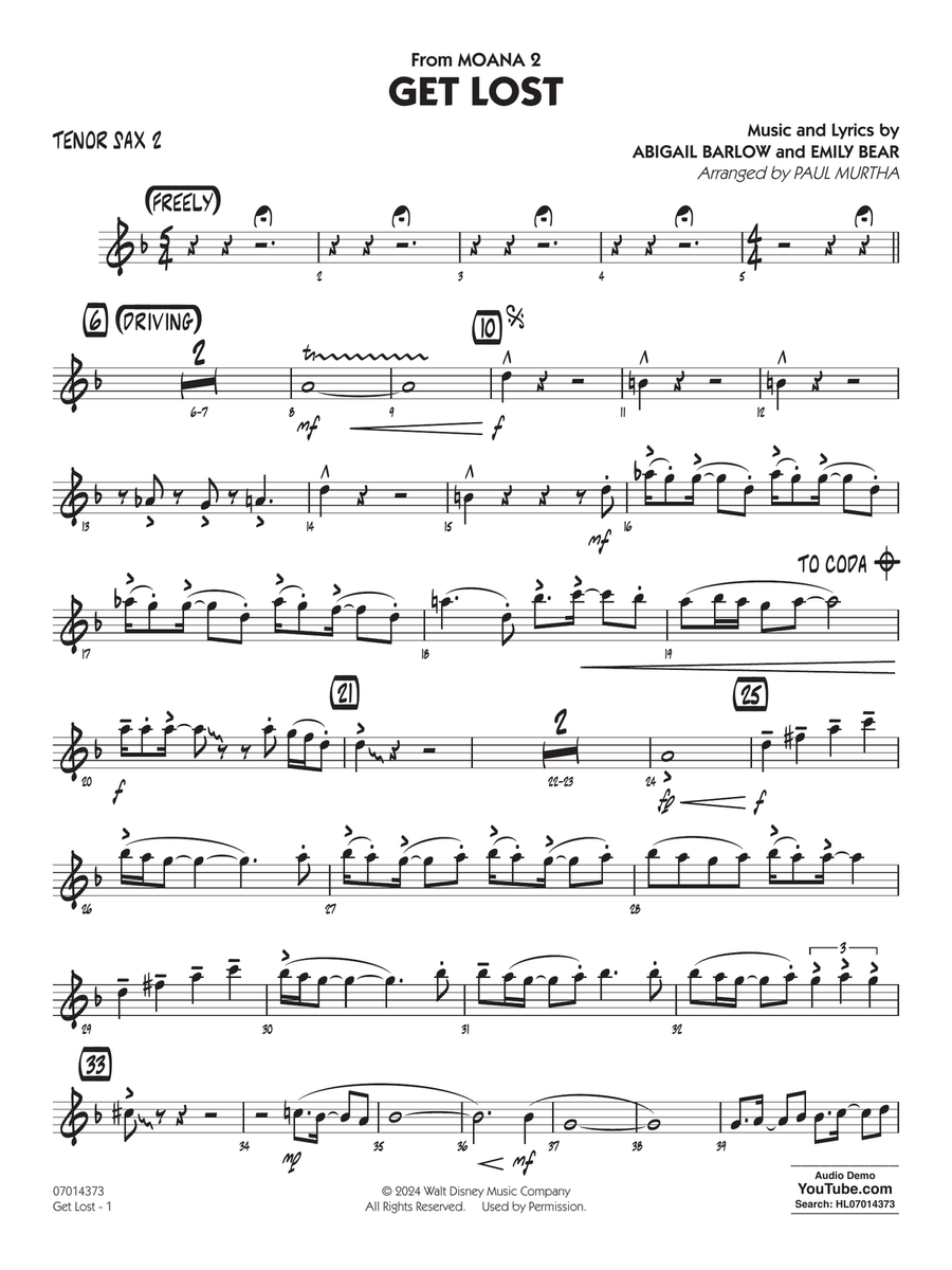 Get Lost (from Moana 2) (arr. Paul Murtha) - Tenor Sax 2 Jazz Ensemble scores gallery preview page 1