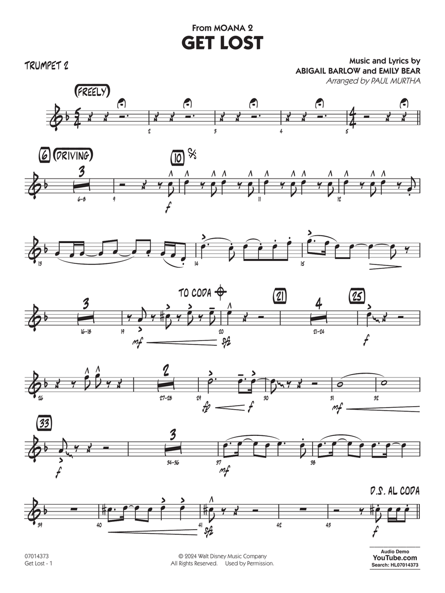 Get Lost (from Moana 2) (arr. Paul Murtha) - Trumpet 2 Jazz Ensemble scores gallery preview page 1