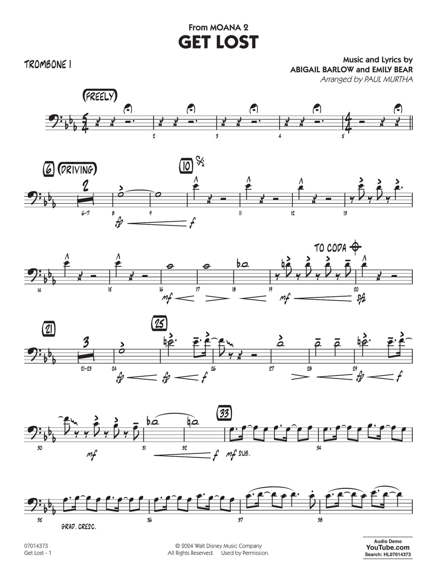 Get Lost (from Moana 2) (arr. Paul Murtha) - Trombone 1 Jazz Ensemble scores gallery preview page 1