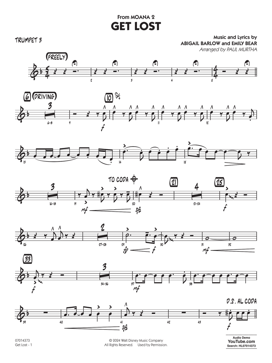 Get Lost (from Moana 2) (arr. Paul Murtha) - Trumpet 3 Jazz Ensemble scores gallery preview page 1