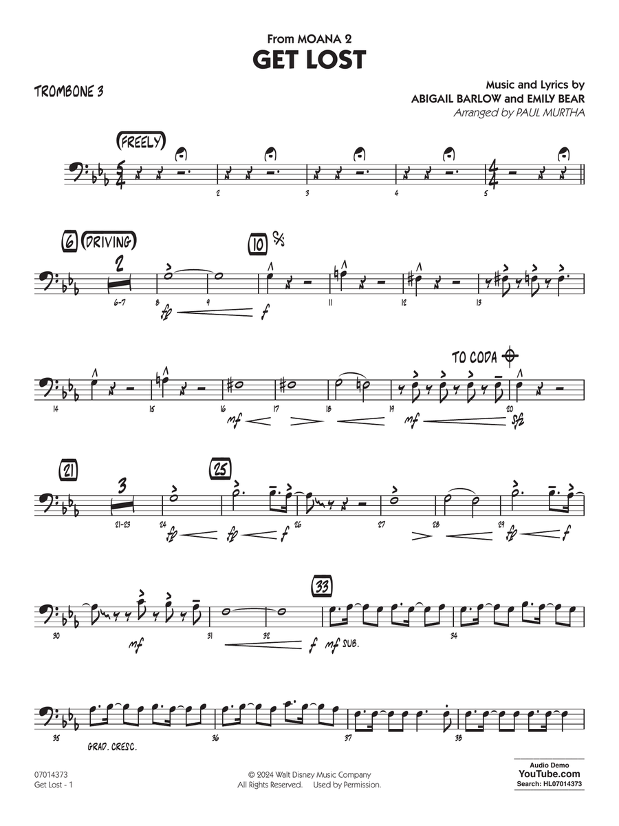 Get Lost (from Moana 2) (arr. Paul Murtha) - Trombone 3 Jazz Ensemble scores gallery preview page 1