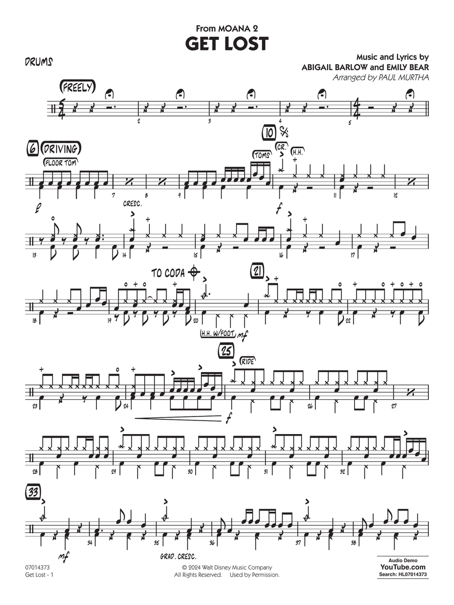 Get Lost (from Moana 2) (arr. Paul Murtha) - Drums Jazz Ensemble scores gallery preview page 1