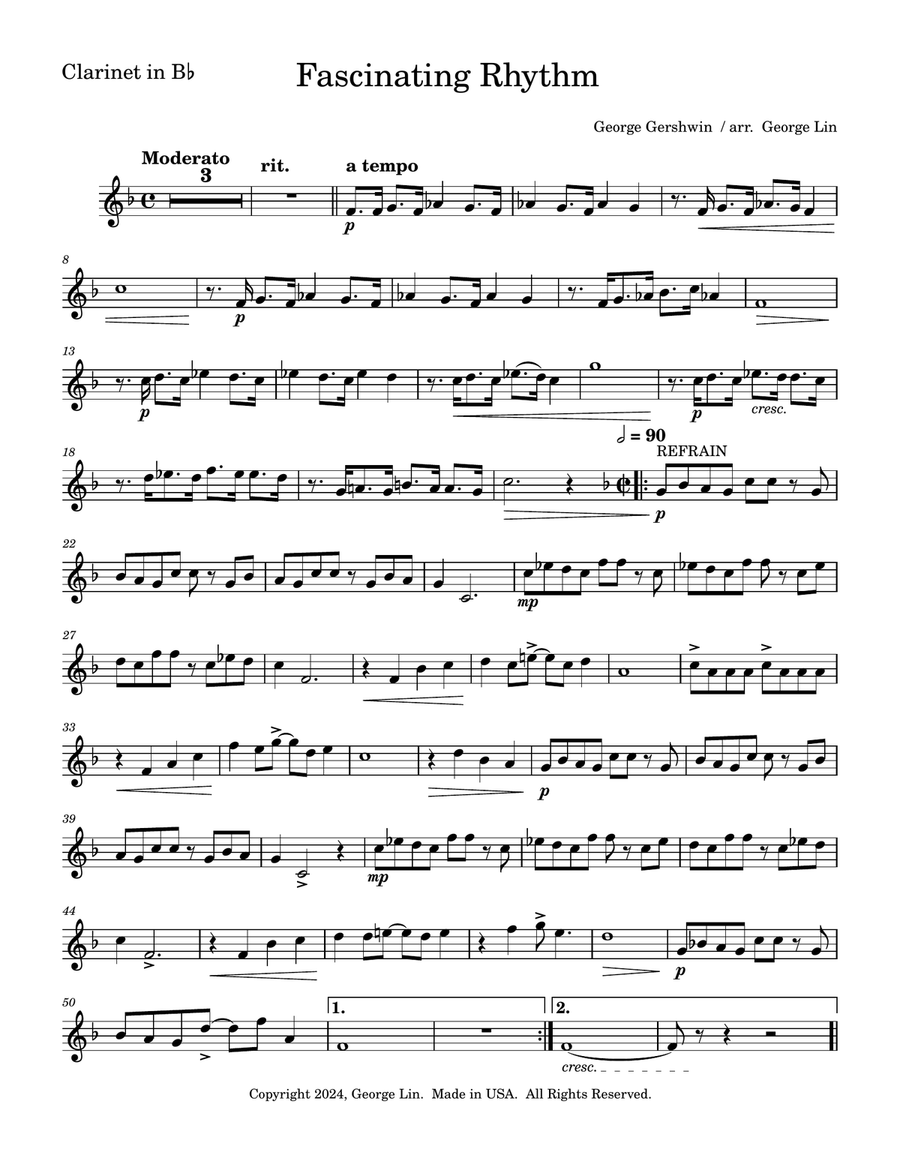 Fascinating Rhythm (for Solo Bb clarinet with piano accompaniment) B-Flat Clarinet scores gallery preview page 1