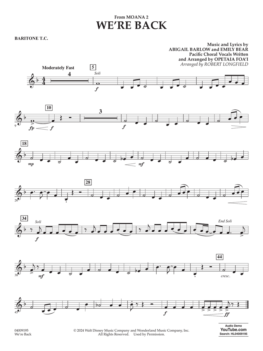 We're Back (from Moana 2) (arr. Robert Longfield) - Baritone T.C. Concert Band scores gallery preview page 1