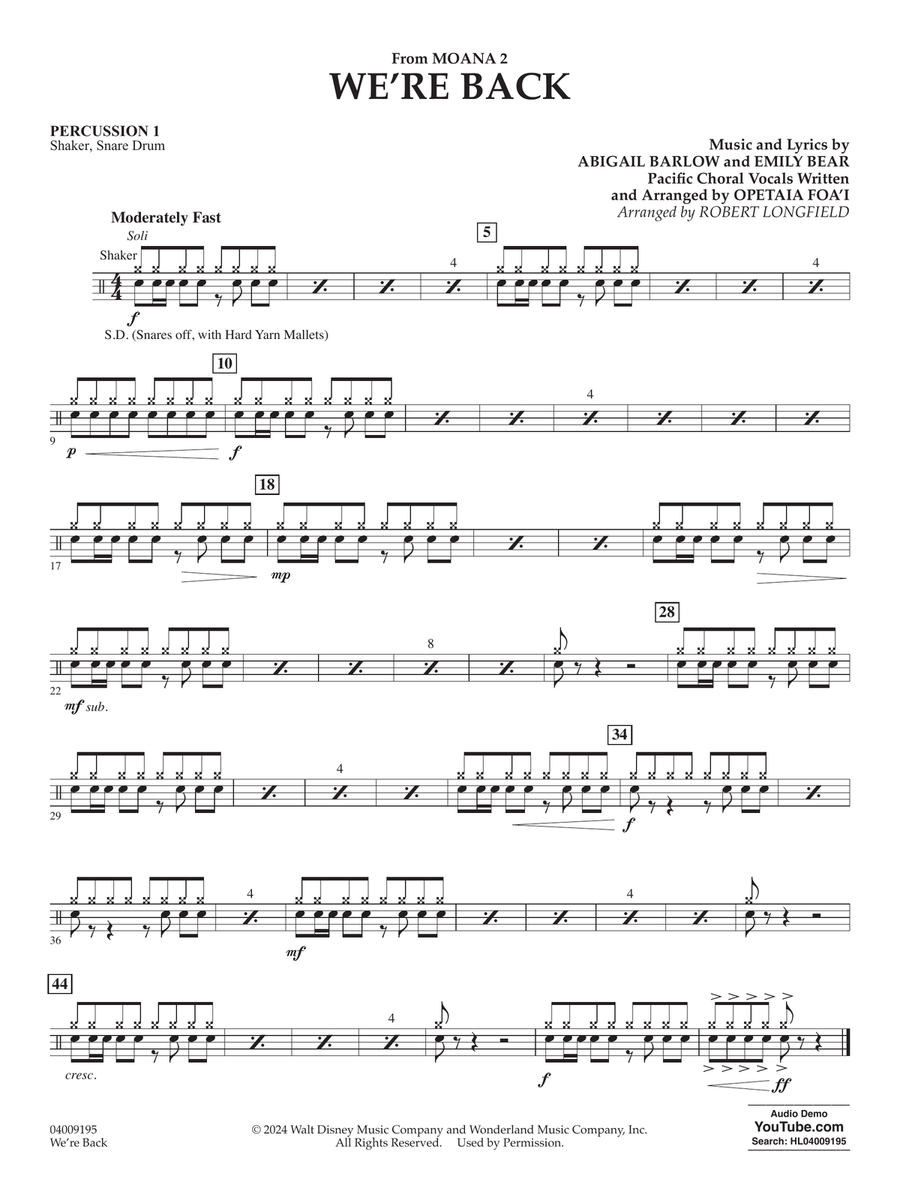 We're Back (from Moana 2) (arr. Robert Longfield) - Percussion 1 Concert Band scores gallery preview page 1