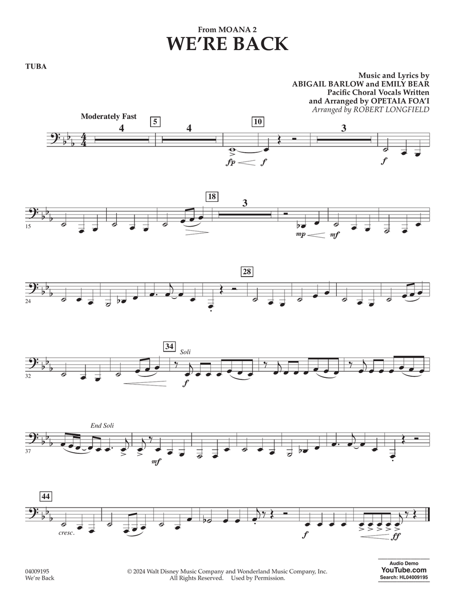 We're Back (from Moana 2) (arr. Robert Longfield) - Tuba Concert Band scores gallery preview page 1