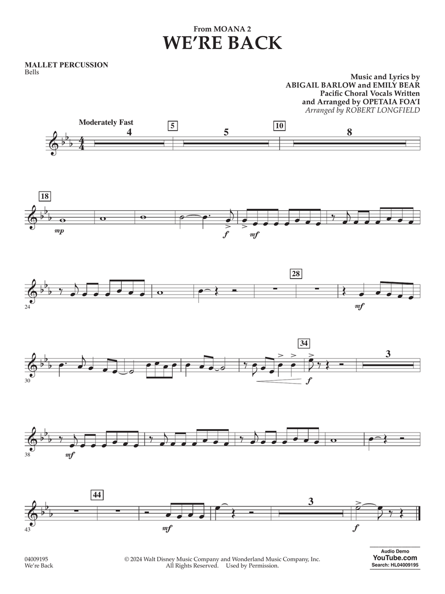 We're Back (from Moana 2) (arr. Robert Longfield) - Mallet Percussion Concert Band scores gallery preview page 1