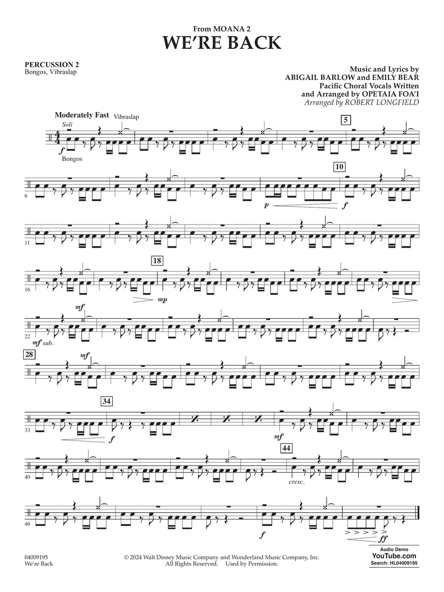 We're Back (from Moana 2) (arr. Robert Longfield) - Percussion 2 Concert Band scores gallery preview page 1