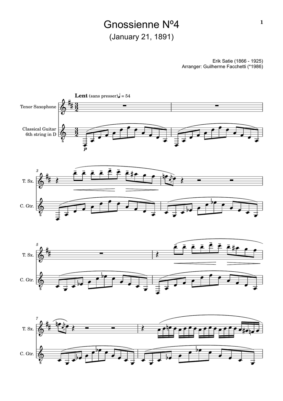 Erik Satie - Gnossiennes Nº4, 5, 6. Arranged for T. Sax. and Guitar. Chamber Music scores gallery preview page 1