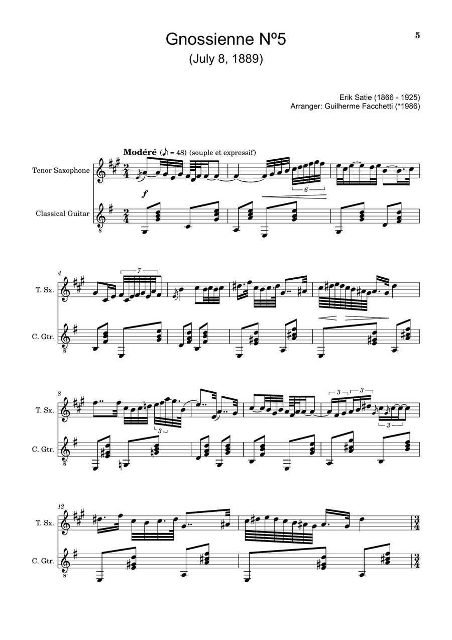 Erik Satie - Gnossiennes Nº4, 5, 6. Arranged for T. Sax. and Guitar. Chamber Music scores gallery preview page 5