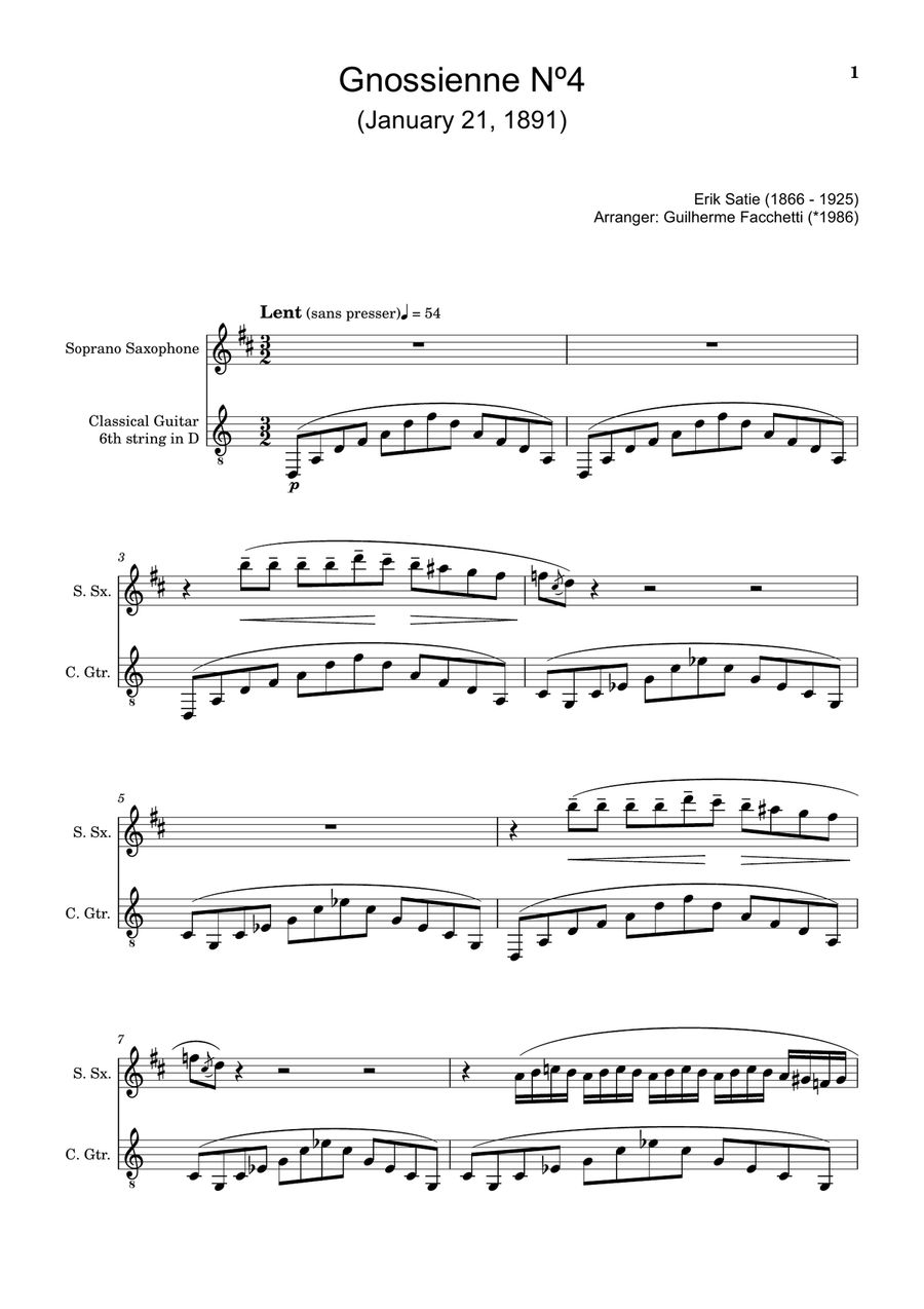 Erik Satie - Gnossiennes Nº4, 5, 6. Arranged for S. Sax. and Guitar. Chamber Music scores gallery preview page 1