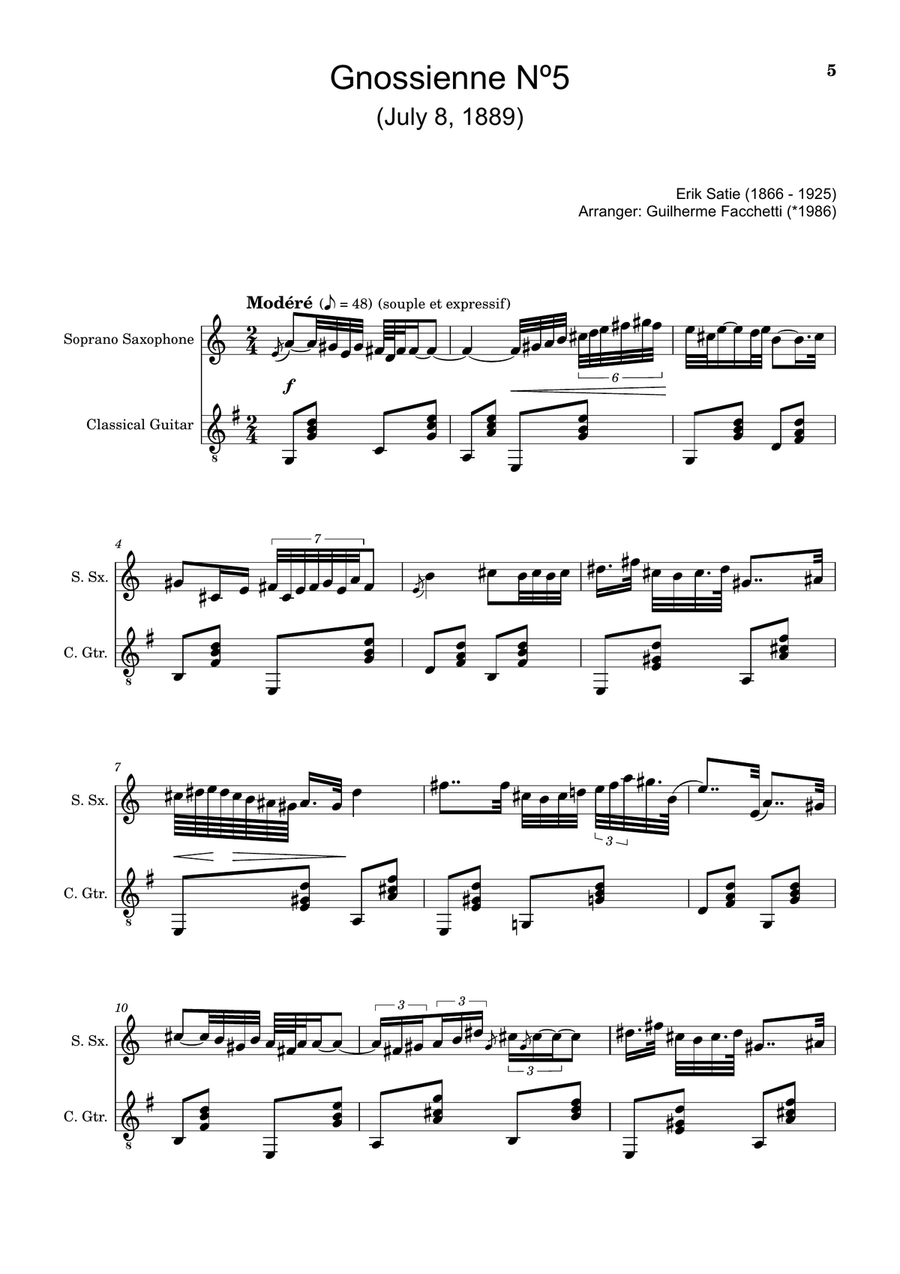 Erik Satie - Gnossiennes Nº4, 5, 6. Arranged for S. Sax. and Guitar. Chamber Music scores gallery preview page 5